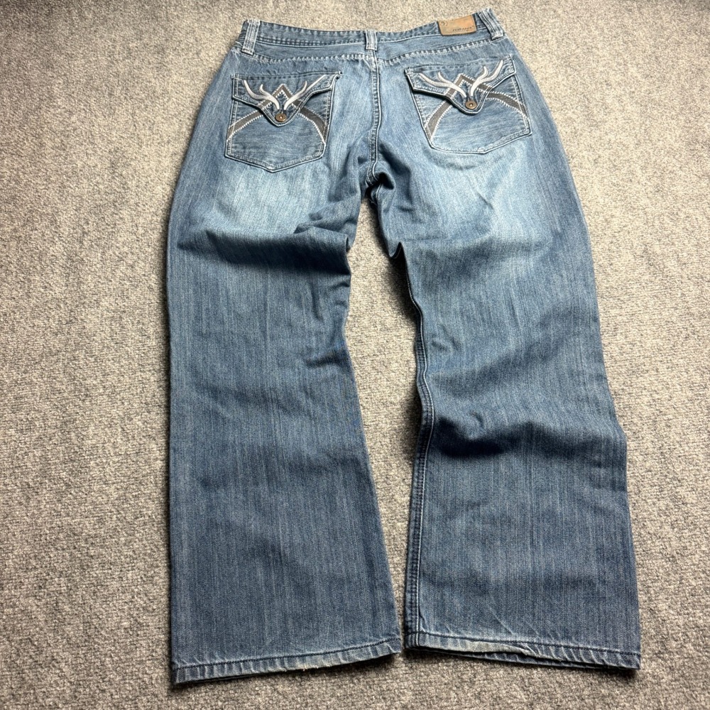 Flypaper Jeans Mens 34x30 Blue Denim Straight Leg Embroidered Flap Pocket Pants